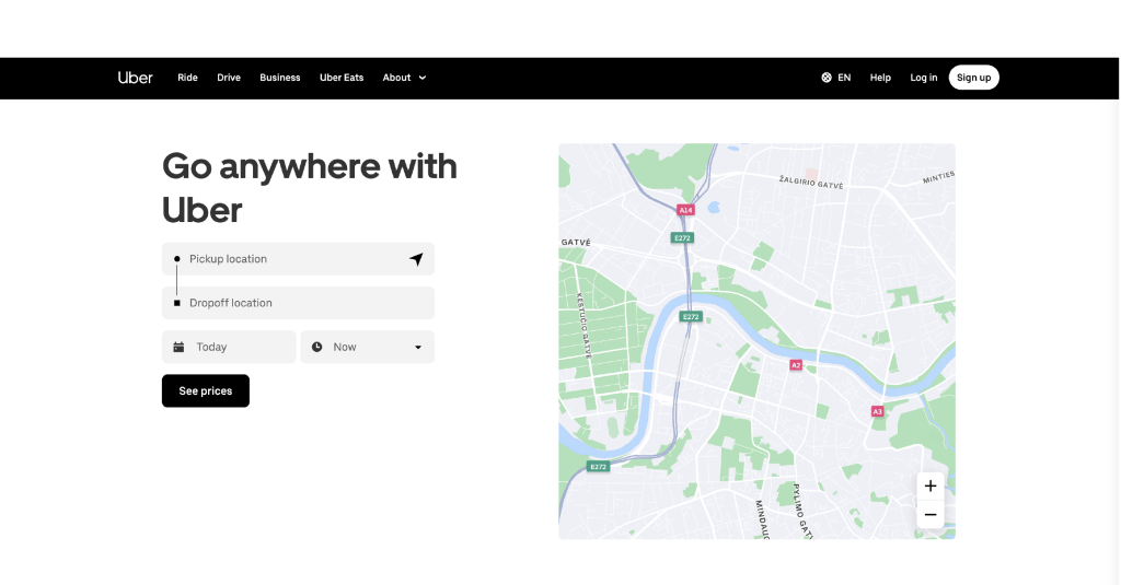 the home page of uber