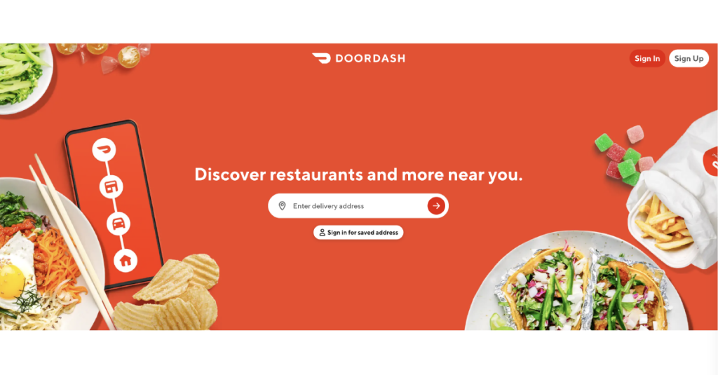 the home page of doordash