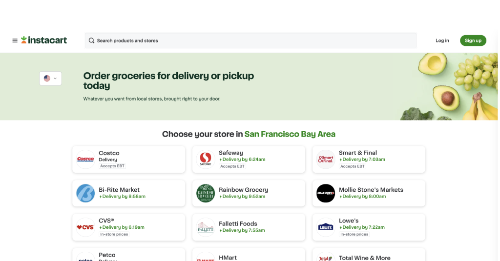 the home page of instacart