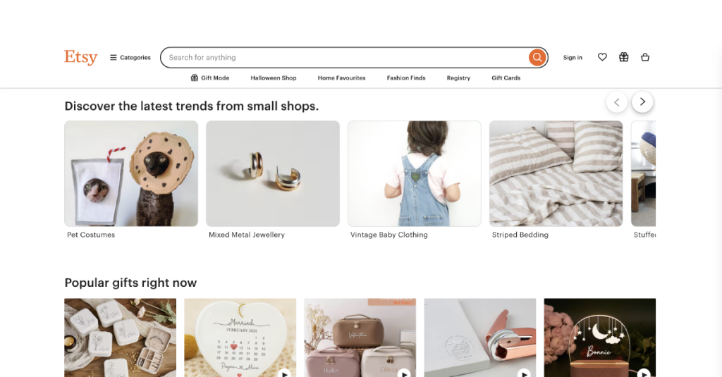 the home page of etsy