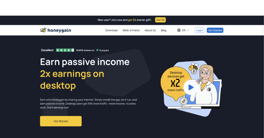 the home page of honeygain